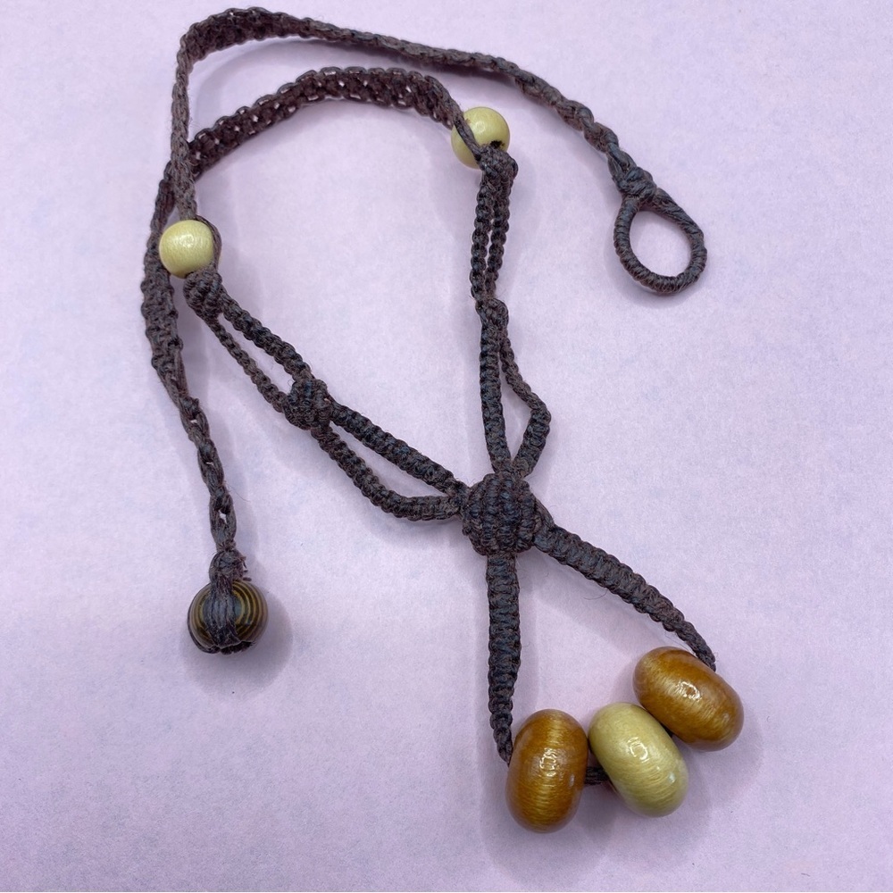 Macrame Wood Bead Brown Necklace Loop Clasp Artisan Boho